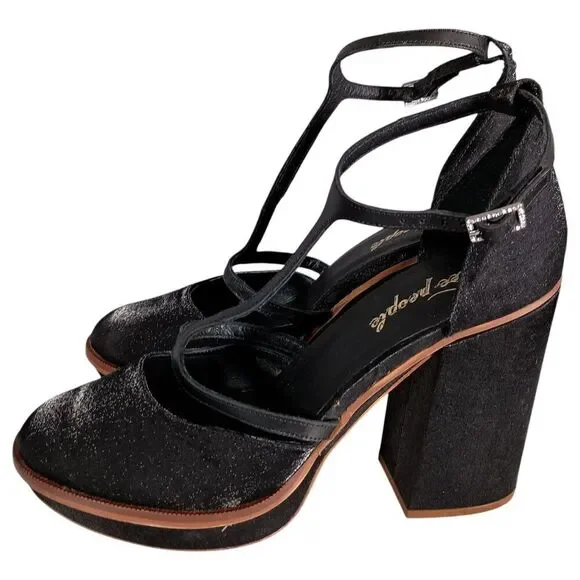 Free People Sandals 9.5 Womens Black Textile Platform Block Ultra High Buckle - Picture 7 of 10